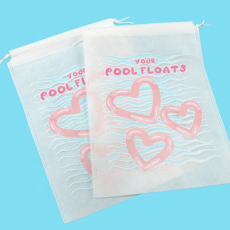 Customized Silk Screen Printing Stylish Pink Heart Cartoon Brand Logo Non-woven White Drawstring Bags for Shoes