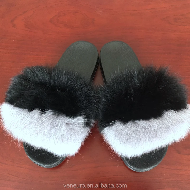 Fashion Design Women Real Big Fox Fur Sandal Soft Colorful Furry Slipper