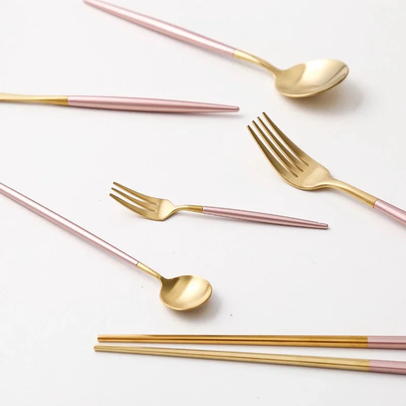Portugal Pink Gold Flatware Knife Spoon Fork Chopsticks 304 Stainless Steel Wedding Dining Cutlery Set