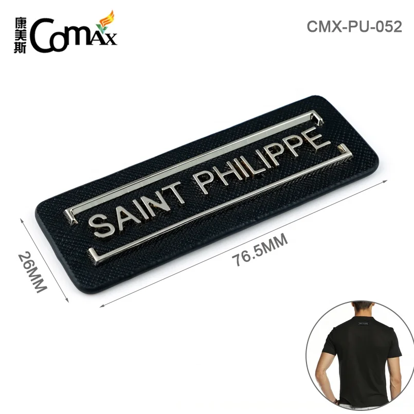 Professional Manufacturer Custom PU Leather with Metal Letter Logo, Design Metal Leather Label For Clothing