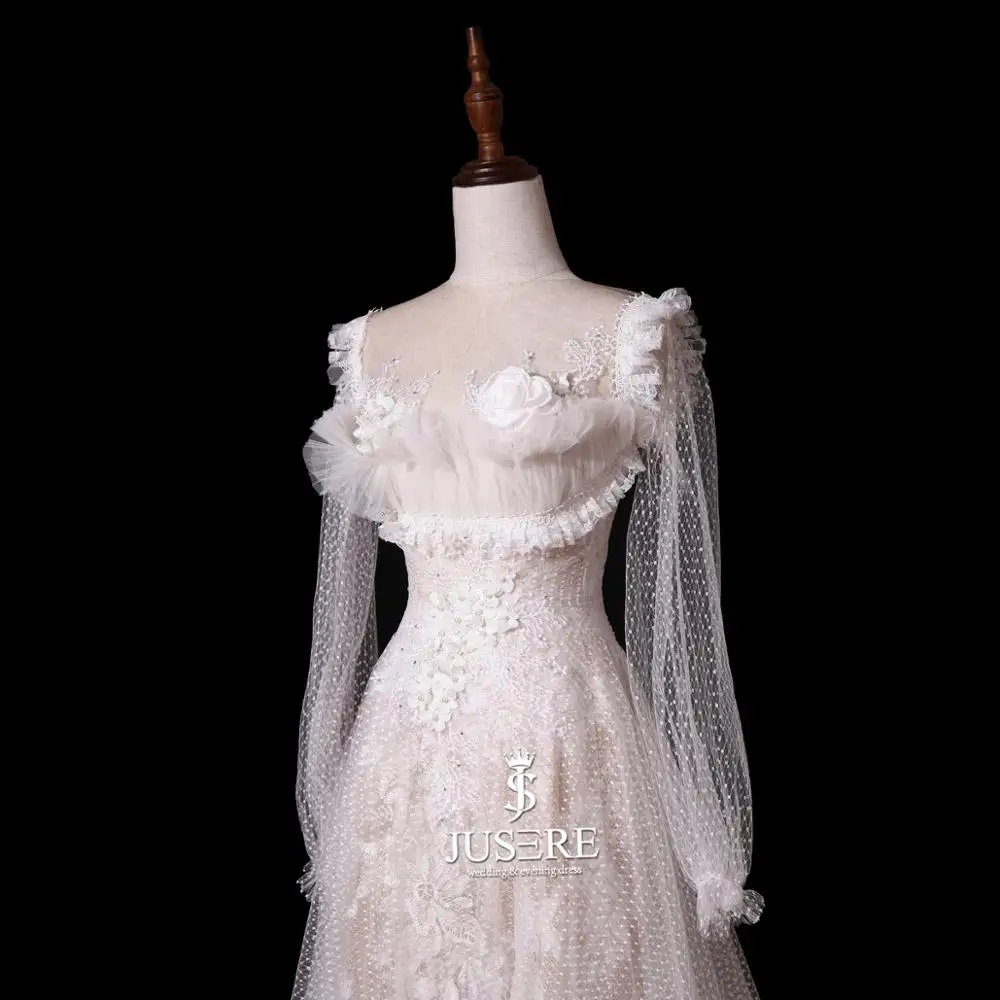 Lace up back bride dress Ivory wedding dress with sweep train A-Line long sleeves lace bride gown