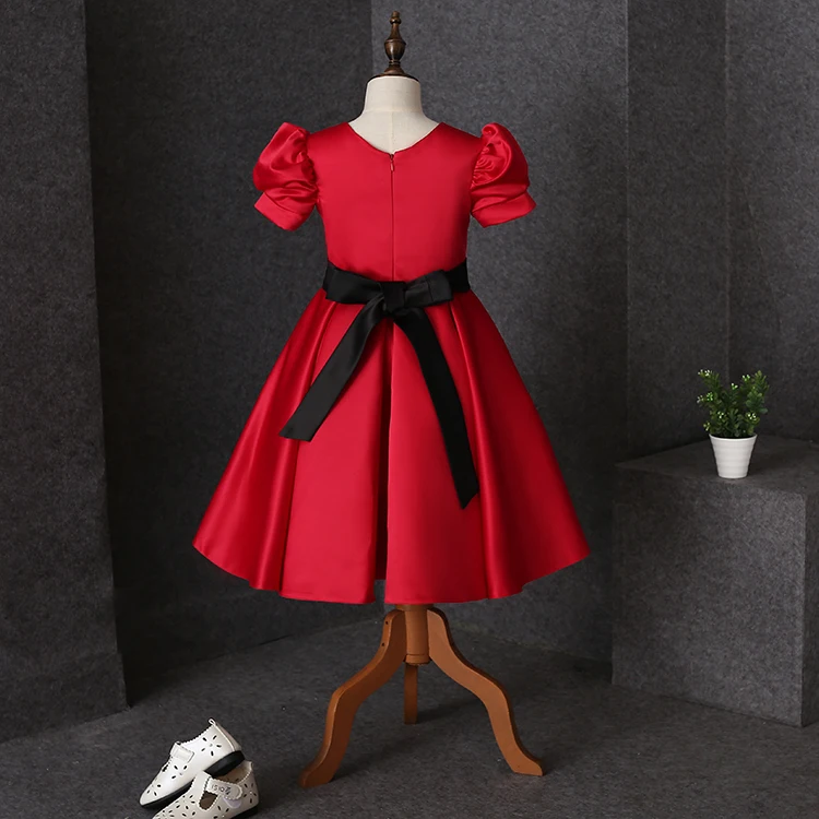 Elegant Blue Color Fabric Children Wedding Dress With Bow Kids O-Neck Sleeveless Gown For Girls