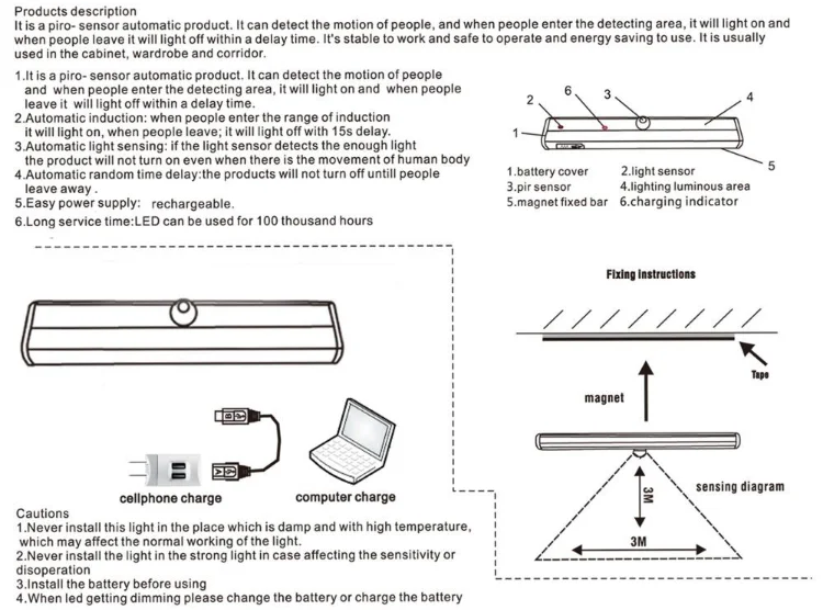 USB Rechargeable Closet Lights Motion Sensor 10 LED Portable Wireless Light Bar Cabinet Kitchen closet Night Light with Magnet