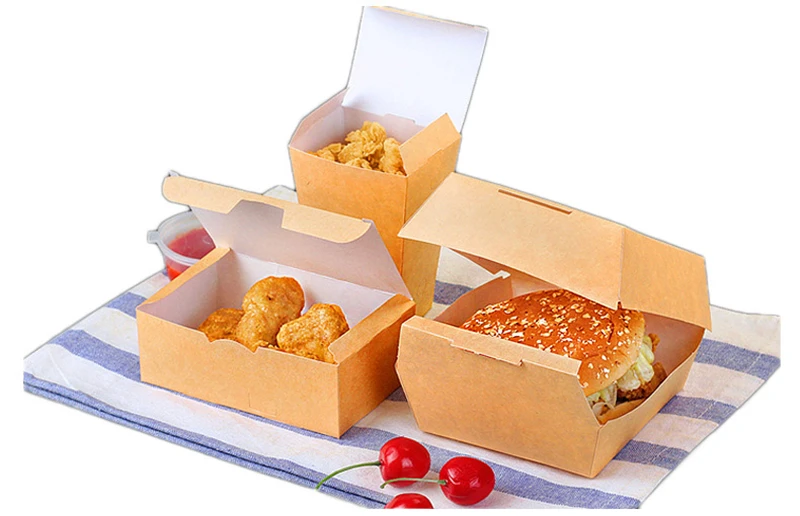 Kraft Paper Disposable Hamburger Box Waterproof And Anti-Oil Fast Food Box Packing Tools French Fries Fried Food Tray
