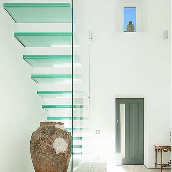 Indoor glass stairs /double spine staircase with glass railing and glass steps