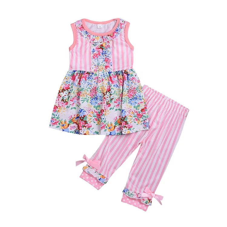 
High quality pink strip floral dress & stripe ruffles pants summer baby clothes newborn set  (62104411937)
