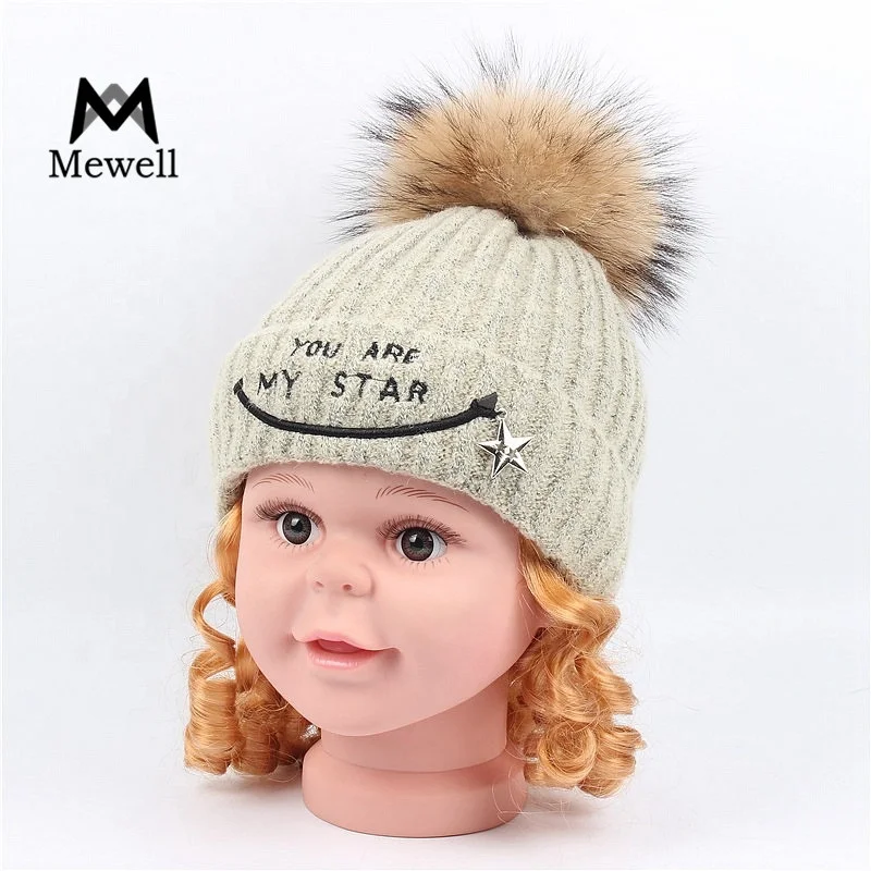 Children's Ski Hat with Crochet Pom Real Fur Winter Children's Hat
