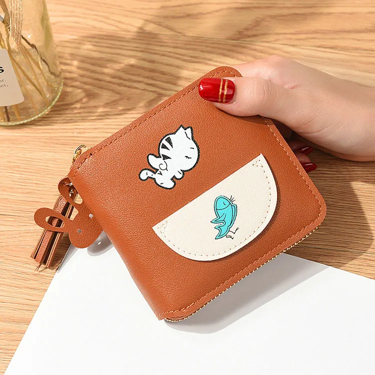 С принтом «кот ест рыбу» с бахромой; Новая кошелек длинными рукавами короткими Симпатичные портмоне для женщин обувь девочек-школьниц на молнии и квадратном мини