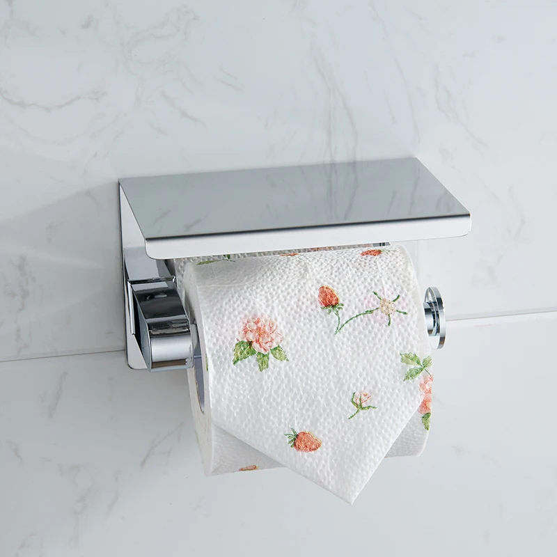 Chrome Stainless Steel Tissue Roll Toilet Paper Holder with Mobile Phone Storage Shelf