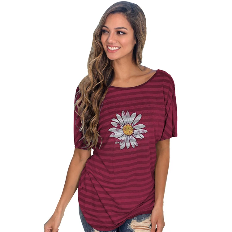 Women Apparel Sunflower Print T Shirts Cross Back Twist Knot Loose Open Back Blouses Tops