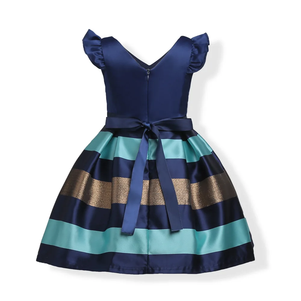Kids Hot Sale Wedding Apparel  Accessories Stripes Print Children Sleeveless Bow Ruffles Party Wear Princess Girl Dress