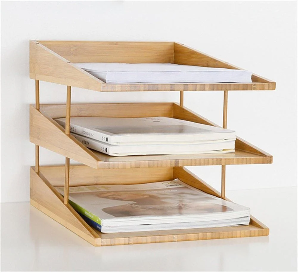 Desk Organizer Multifunction Bamboo Wood with 3 Trays for Book and File