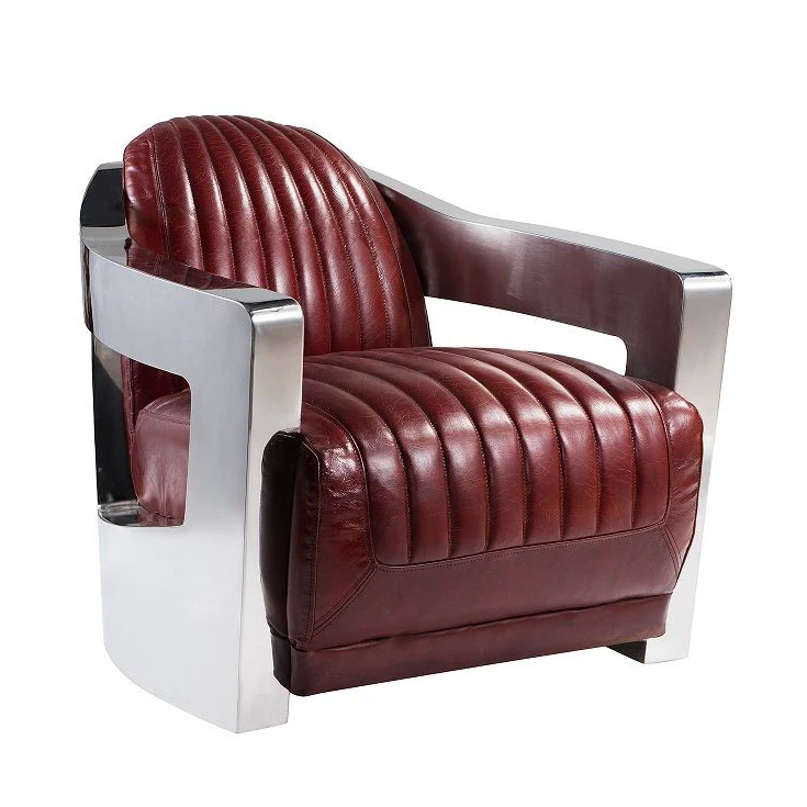 Modern Full Top Grain Leather Living Room Sofa With Stainless Steel Armrest Aviator Sofa