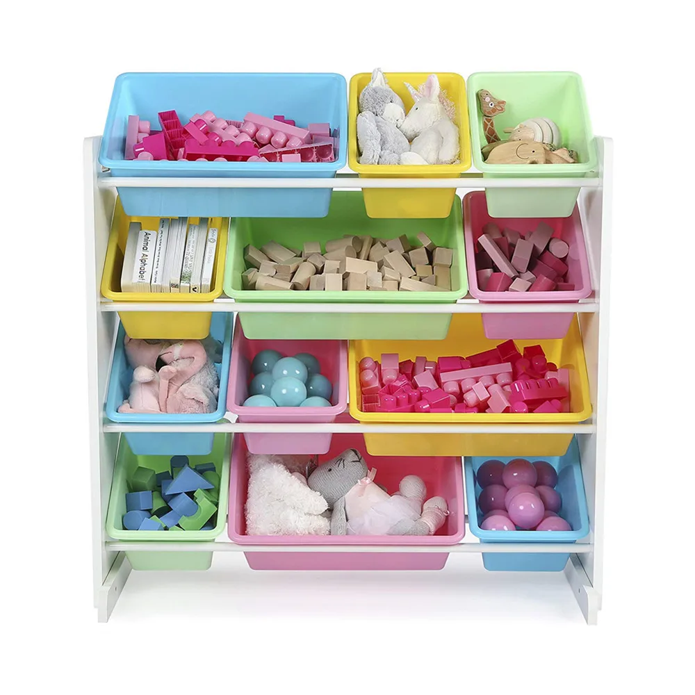 toy organizer with plastic bins for playroom White