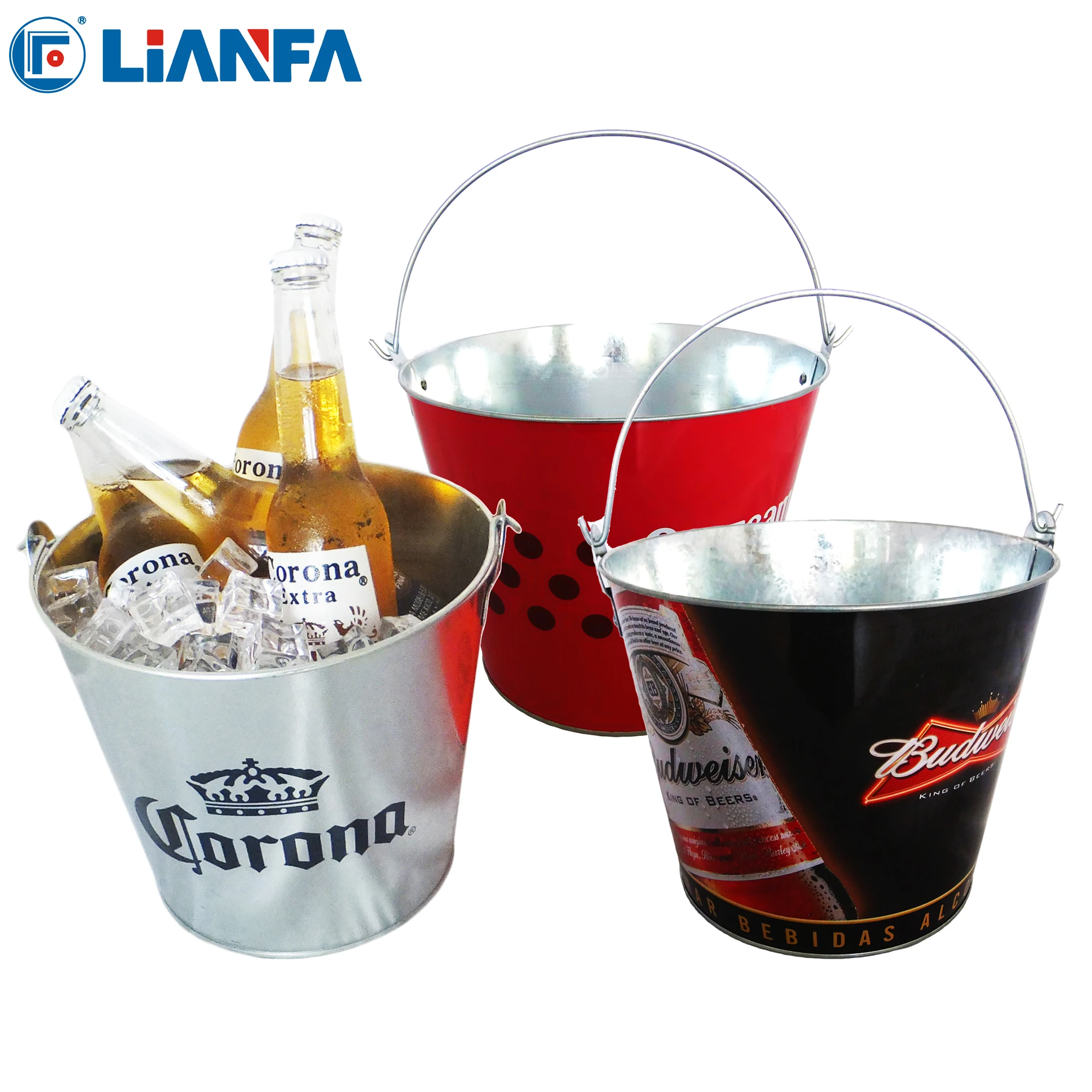 Round Shape and Logo Printed Tin Metal Ice Bucket