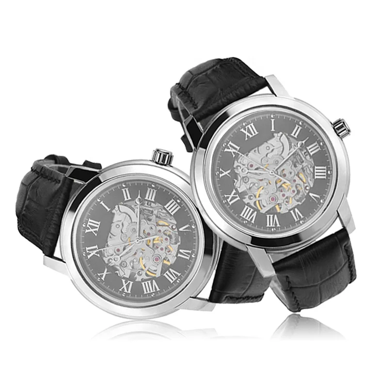 Luxury  Men Leather Watch Stainless Steel Skeleton Automatic Watch