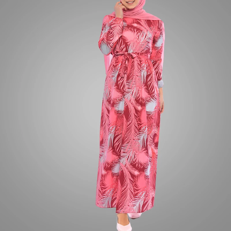 Flower Muslim Kaftan Dress Latest Burqa Design Long Sleeve Print Abaya Islamic Maxi Dress With Belt