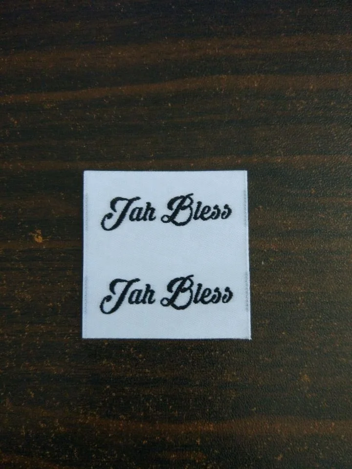 oem factory custom logo heat transfer double sided woven labels for clothing / woven label beanie hat / cap