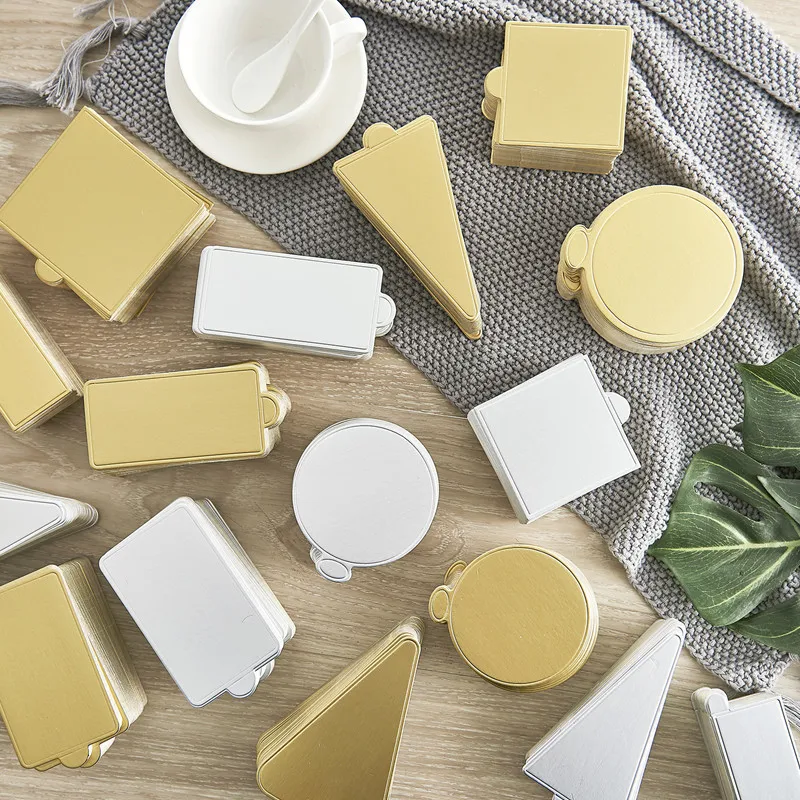 Оптовая продажа золотой и серебряный квадратный/круглый/прямоугольный/треугольный мини-фон для Мусса десертная доска для торта