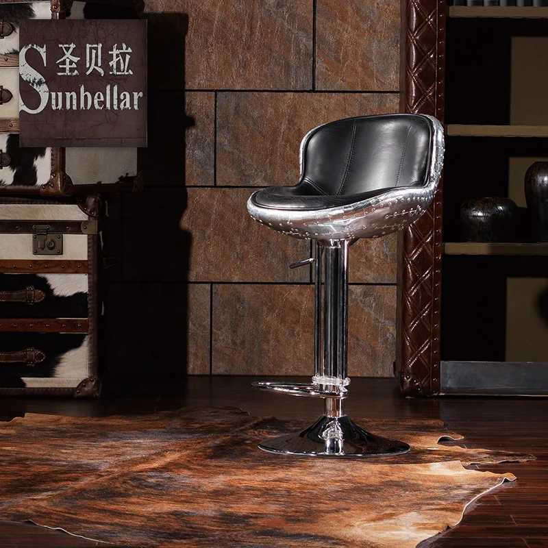 retro brown leather swivel bar stools chair aviation Aluminium finish genuine leather high bar chairs high end antique bar chair