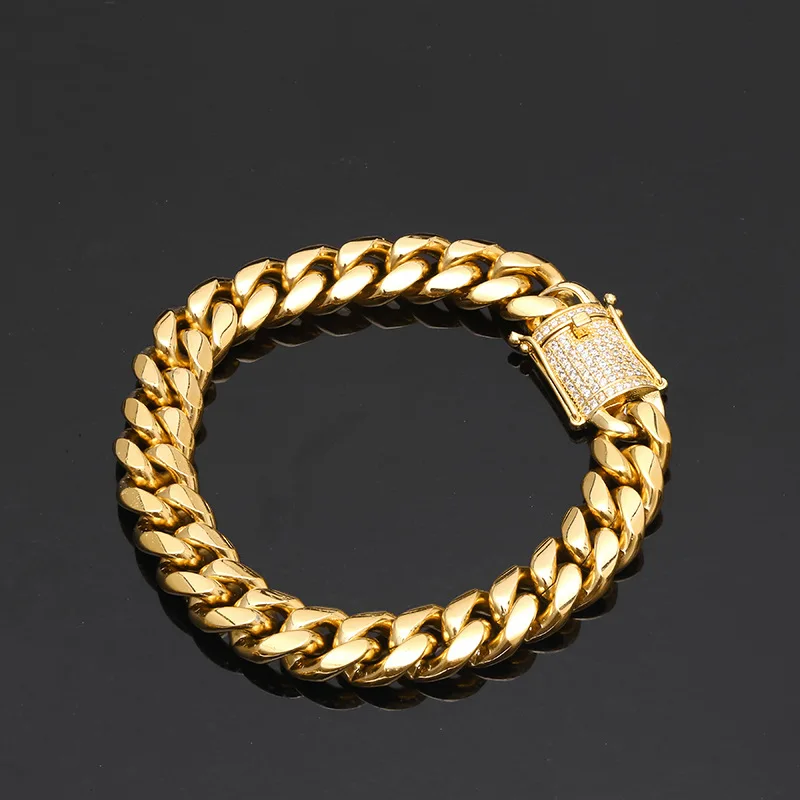 New Fashion Gold/Silver Micro Pave CZ Men HipHop Bracelet 12mm stainless steel Link Miami Cuban Chain Bracelets