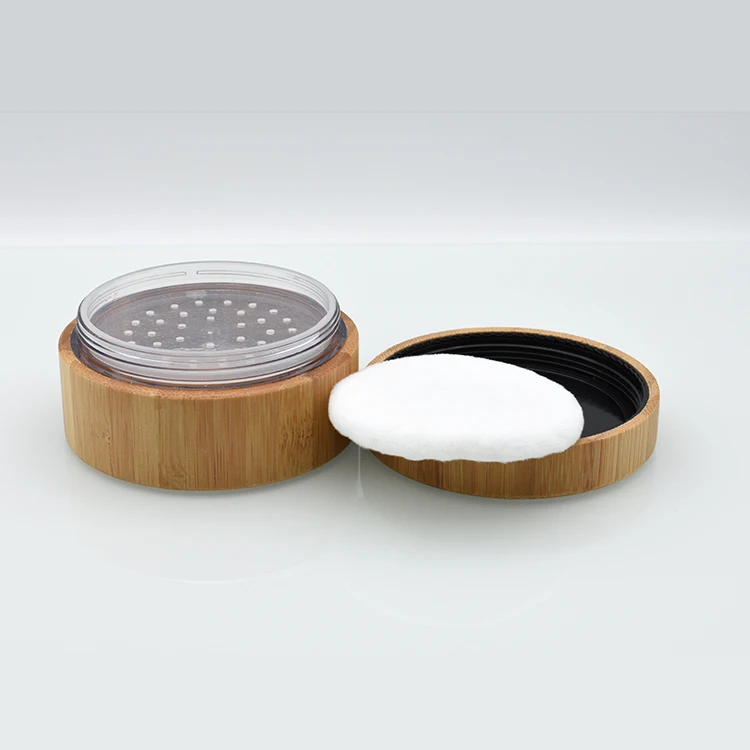 High Quality 1oz 30g 30 gram Elegant Empty Bamboo Cosmetic Powder Container 30g 30ml Bamboo Loose Powder Jar with Sifter and PAD