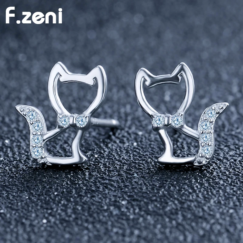 С покрытием из белого золота с покрытием из розового золота ПЭТ формы серьги гвоздики в форме 925 стерлингового серебра женские мелких животных Циркон кошка форма серьги