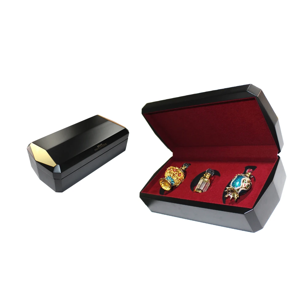 
New Design Special Custom Luxury 3 Slots Storage Black Wooden Perfume Box 