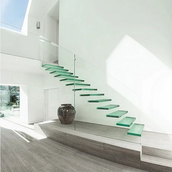 Indoor glass stairs /double spine staircase with glass railing and glass steps