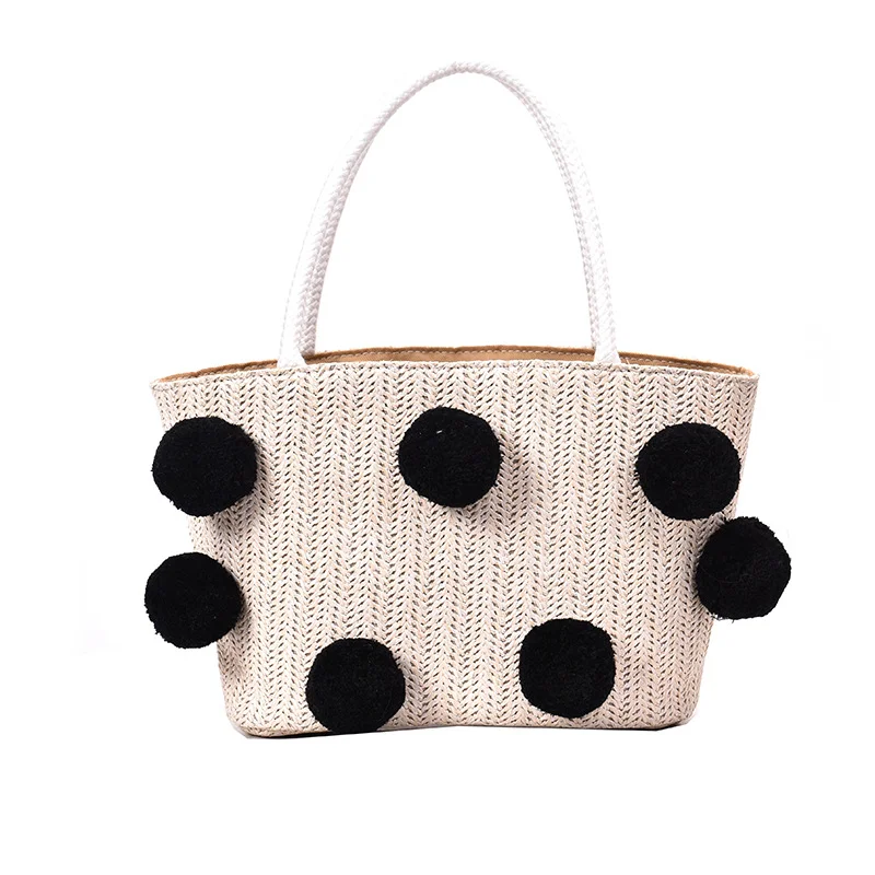 
Beach Shopping Cute Colourful wool Ball Medium handmade Straw handbag for Maiden Women 