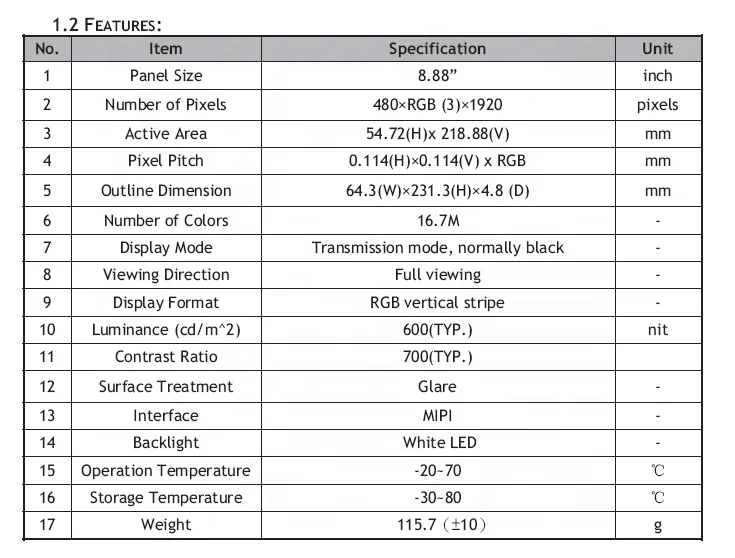 8.8 inch tft lcd with 480x1920 Resolution and MIPI 4 lane interface
