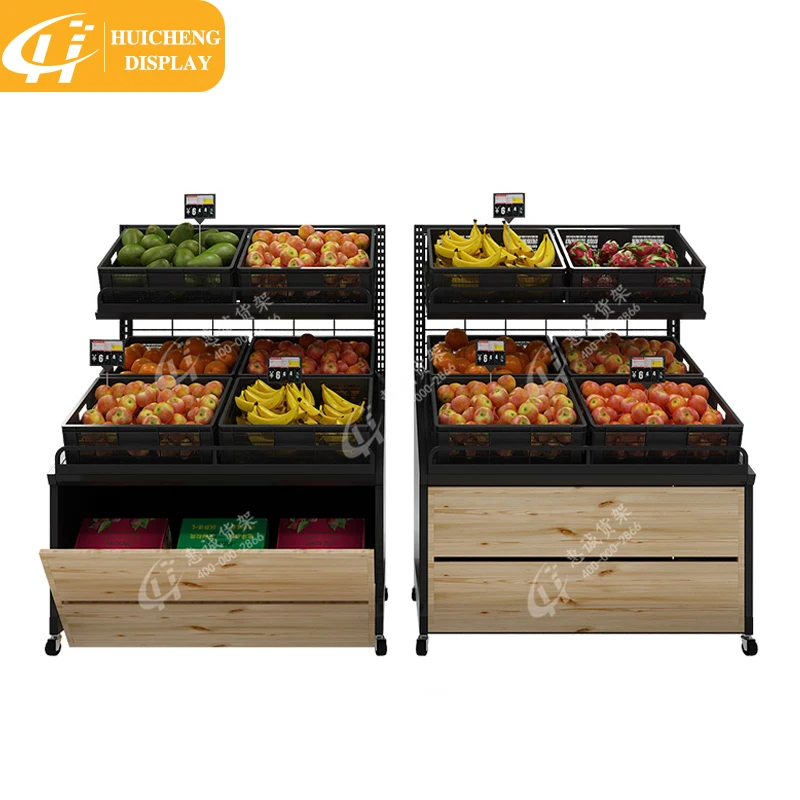 Customized Retail store wooden fruit vegetable display rack storage shelf with basket