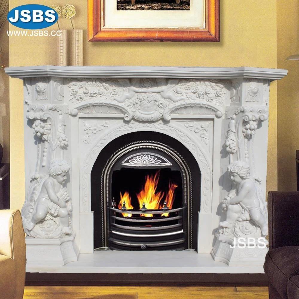 White Marble Arch Stone Fireplace Mantel Surrounding with Cherub