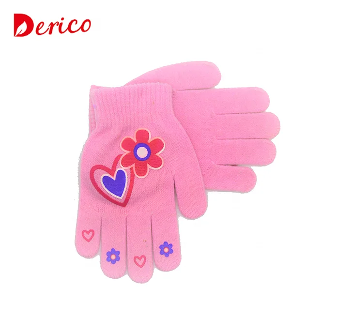 Cheap Winter Kids Applique of Flora with heart Knitted Magic Acrylic Gloves