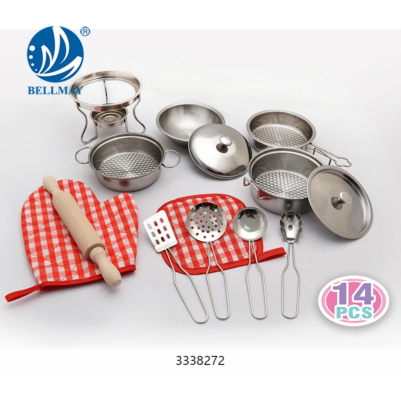 Bemay Toy Play House Stainless Steel Cooking Set, Pretend Play Mini Cooking Set for Kids