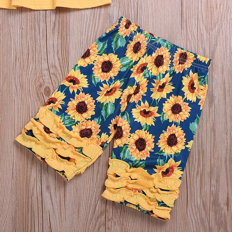 
Kids clothing baby clothes yellow ruffle dress daisy floral ruffle short pants shorts 2pc set baby girl clothing set 