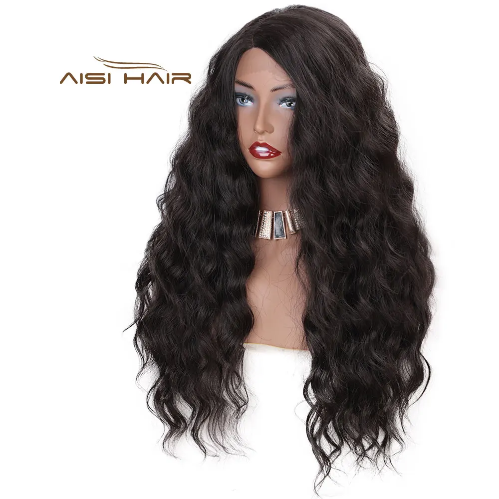 Aisi Hair Deep Wave Natural Black Synthetic Wigs Long Wavy Wigs Heat Resistant Synthetic Fiber Lace Front Wigs