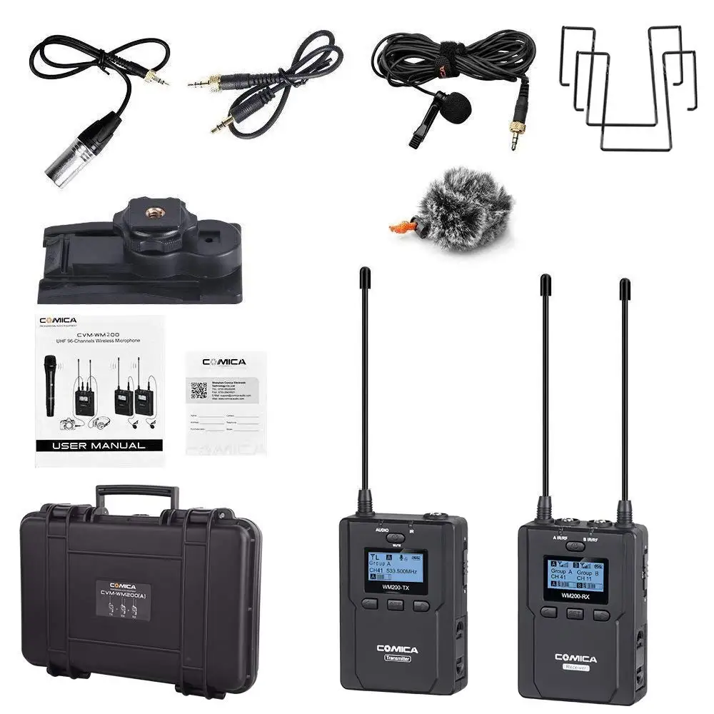 Comica CVM-WM200(C) 96-Channel Full Metal UHF Professional Wireless Lavalier Microphone System for Smartphones & XLR Camcorders