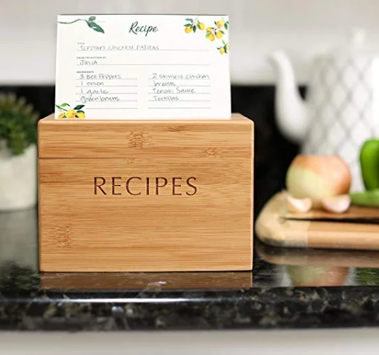 Bamboo Recipe Box Set with 100 4x6 recipe cards, 10 dividers, and card holder. Cards made with thick card stock. Perfect re