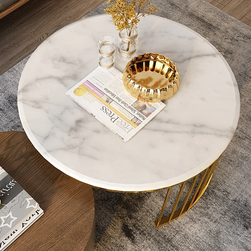 Marble top Solid wood coffee tables metal gold  Round Shape Living Room Furniture Tea Table  with storage Factory Wholesale