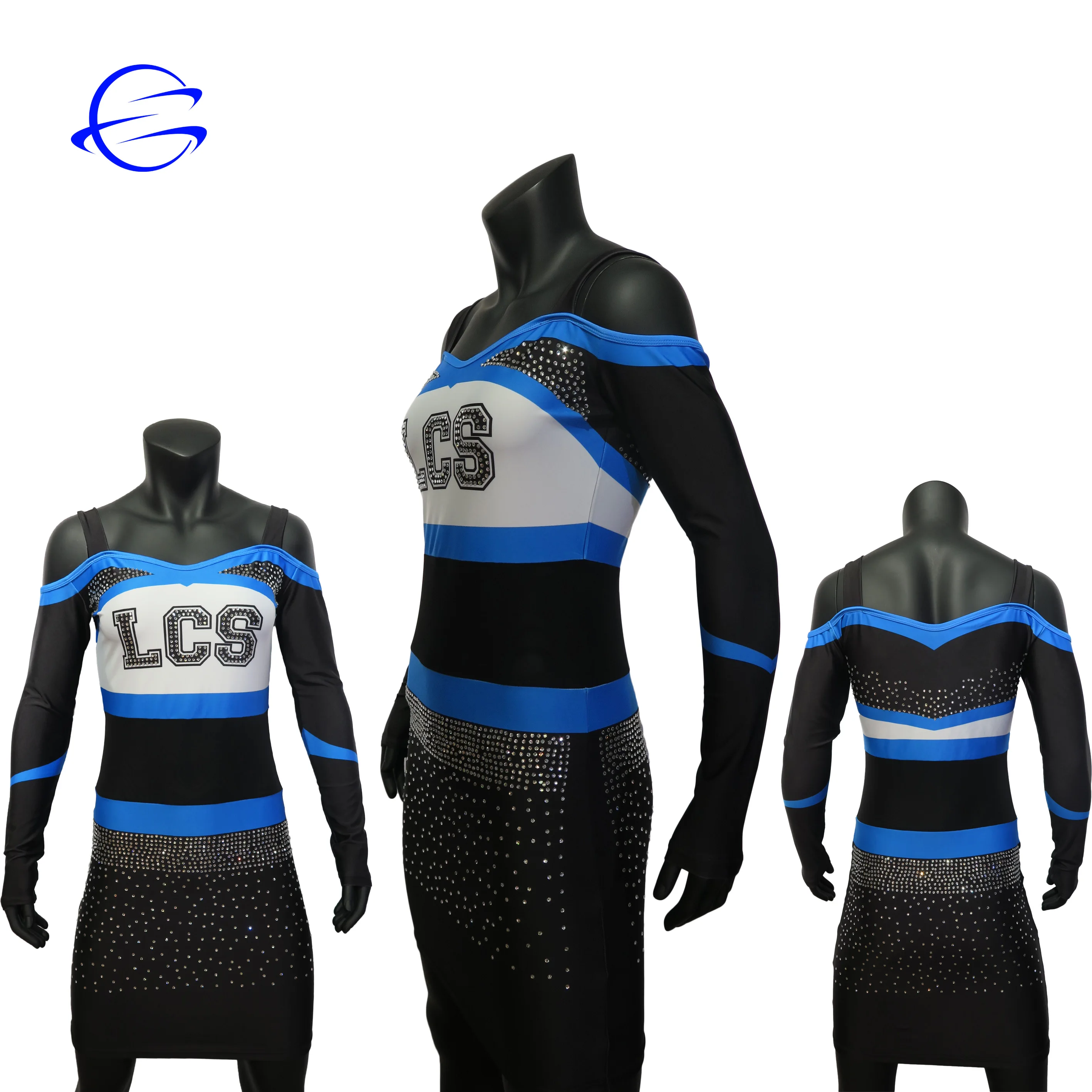 Cheerleading Long Sleeves Sling Top Sexy Skirt OEM Girls All Stars Sublimation Rhinestones Cheerleader Costumes