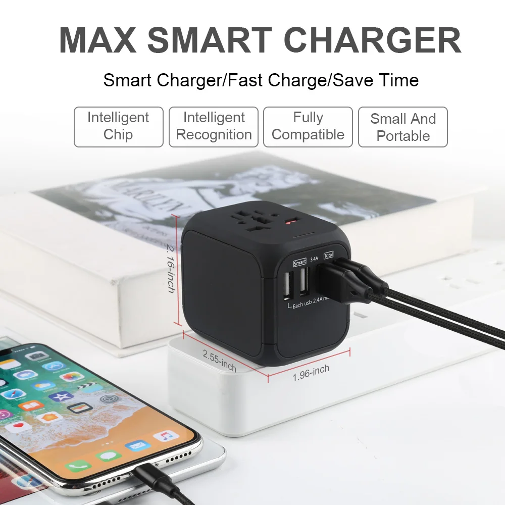 Most popular 4 USB 5V 3.4A smart output universal travel adapter with EU/AUS/UK/US all in one plug