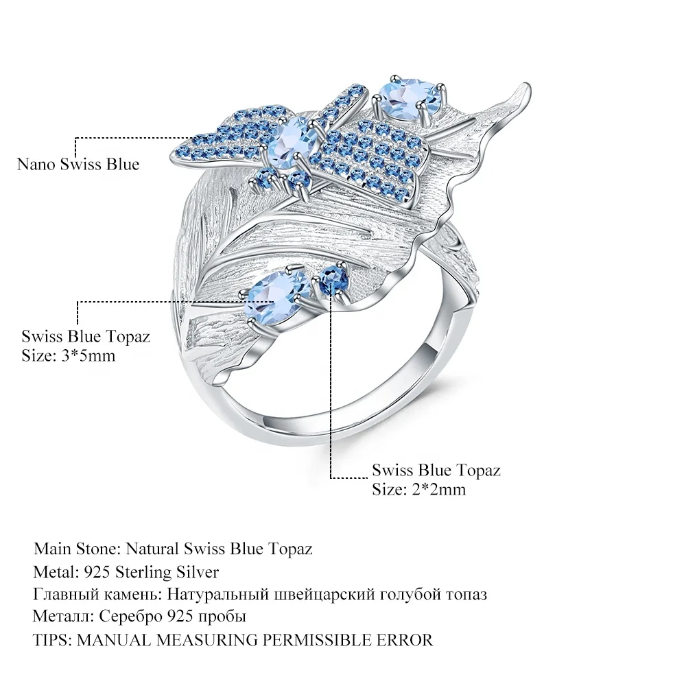 Abiding Hot Sale Natural Gemstone Swiss Blue Topaz Jewelry Leaf Rings 925 Sterling Silver Fashion Ring for Girls