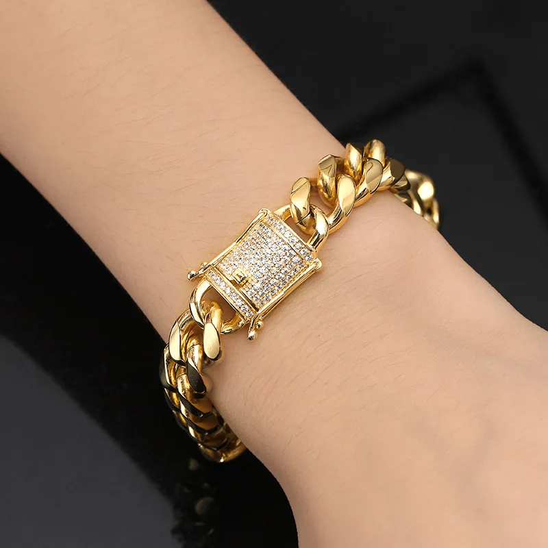 New Fashion Gold/Silver Micro Pave CZ Men HipHop Bracelet 12mm stainless steel Link Miami Cuban Chain Bracelets