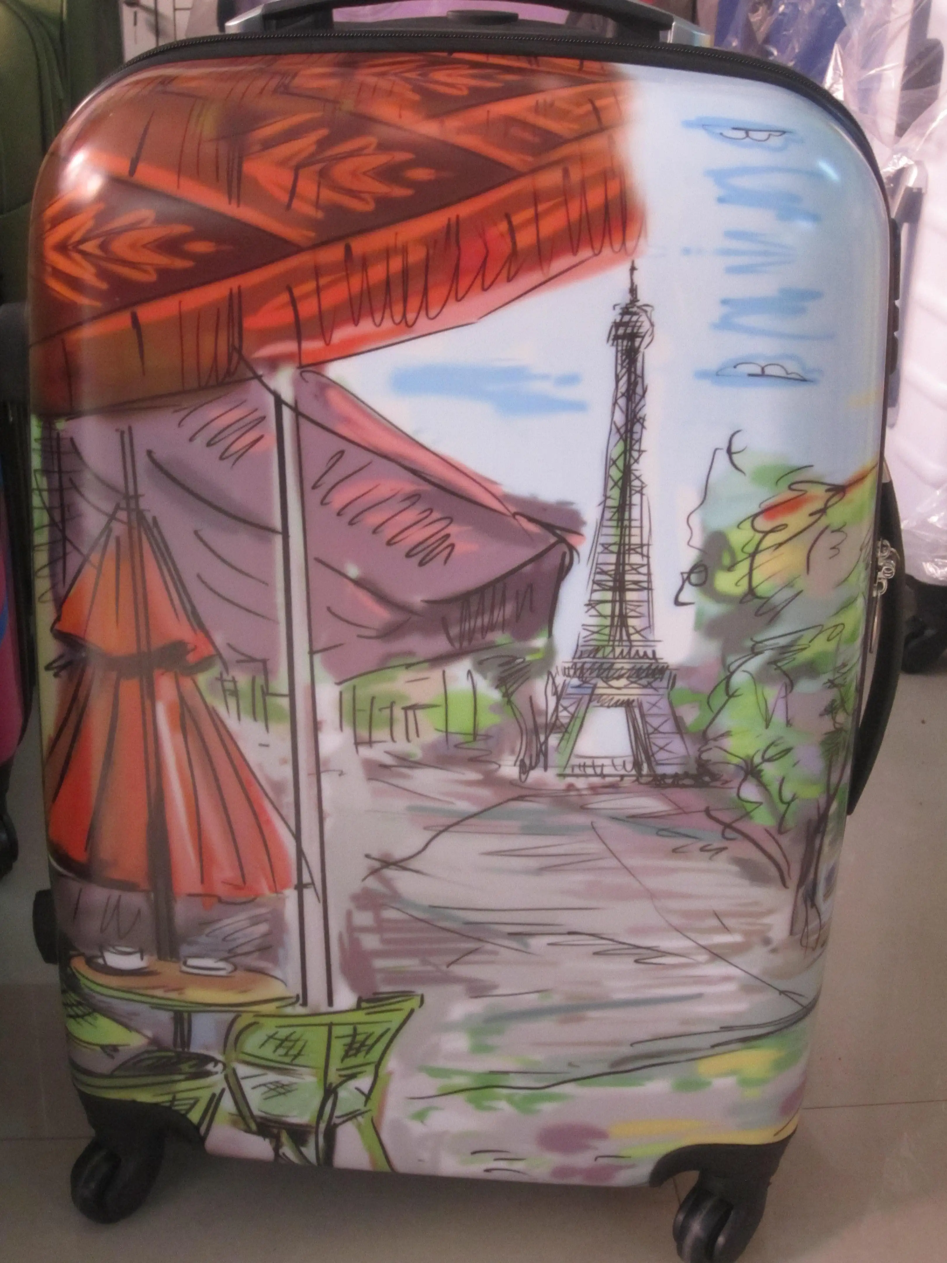 
New products ABS+PC bright color travel luggage trolley suitcase with printed picture PC travel trolley luggage 