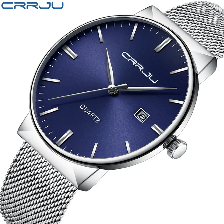 
Wholesale CRRJU Mens Watches Top Luxury brand steel Slim Quartz Black Watch For Men 