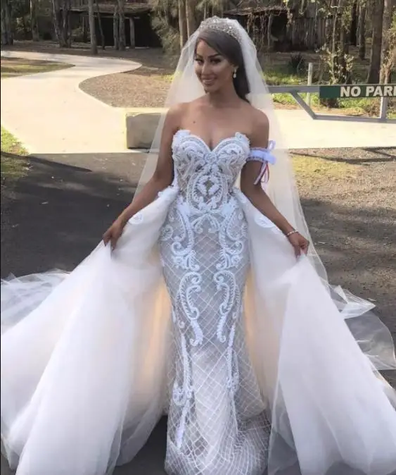 Wholesale Lace Mermaid Luxury Removable Train Wedding Dresses for Black Women