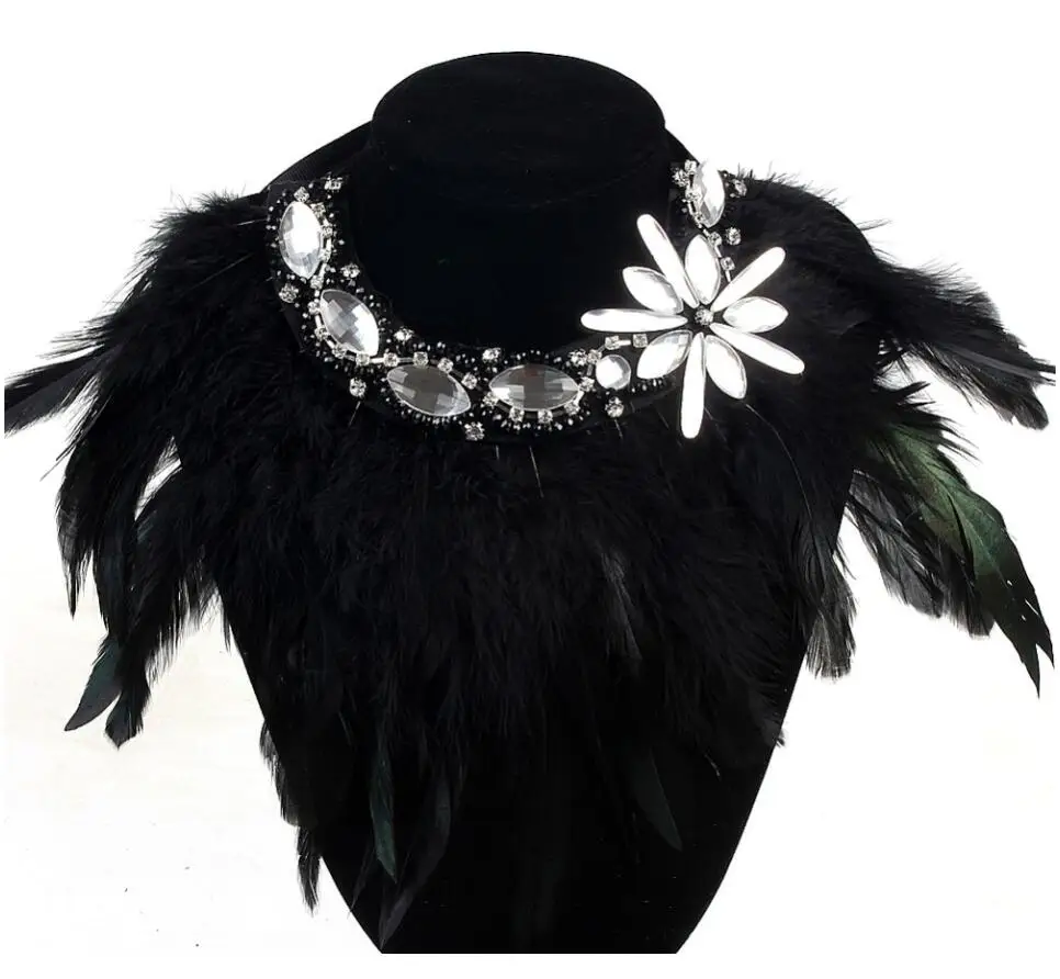 WIIPU Fashion Feather Ribbon Rhinestone Flower Pendant Necklace Women Crystal Choker Statement Necklace