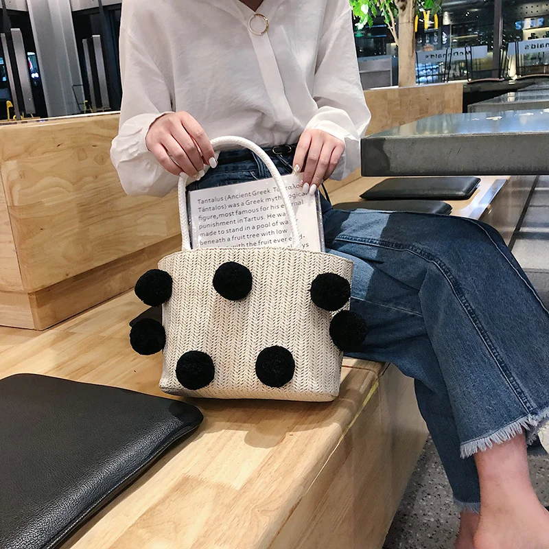 
Beach Shopping Cute Colourful wool Ball Medium handmade Straw handbag for Maiden Women 