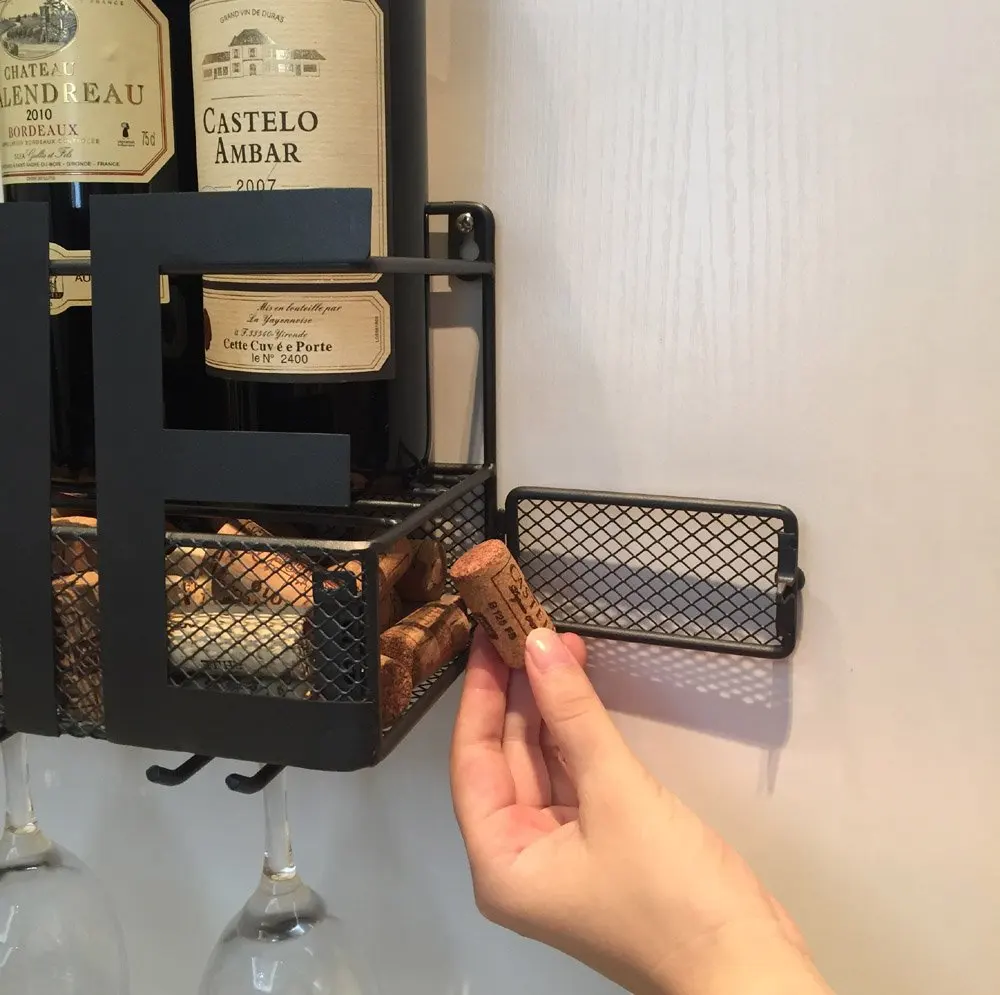 
Decorative Black Home Wall Mounted Hanging Metal Wine Bottle Rack Holder with 4 Glass Holder & Wine Cork Storage 